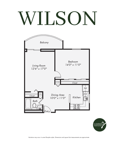 Floor plan for 1 bed, 1 bath, 742 sqft